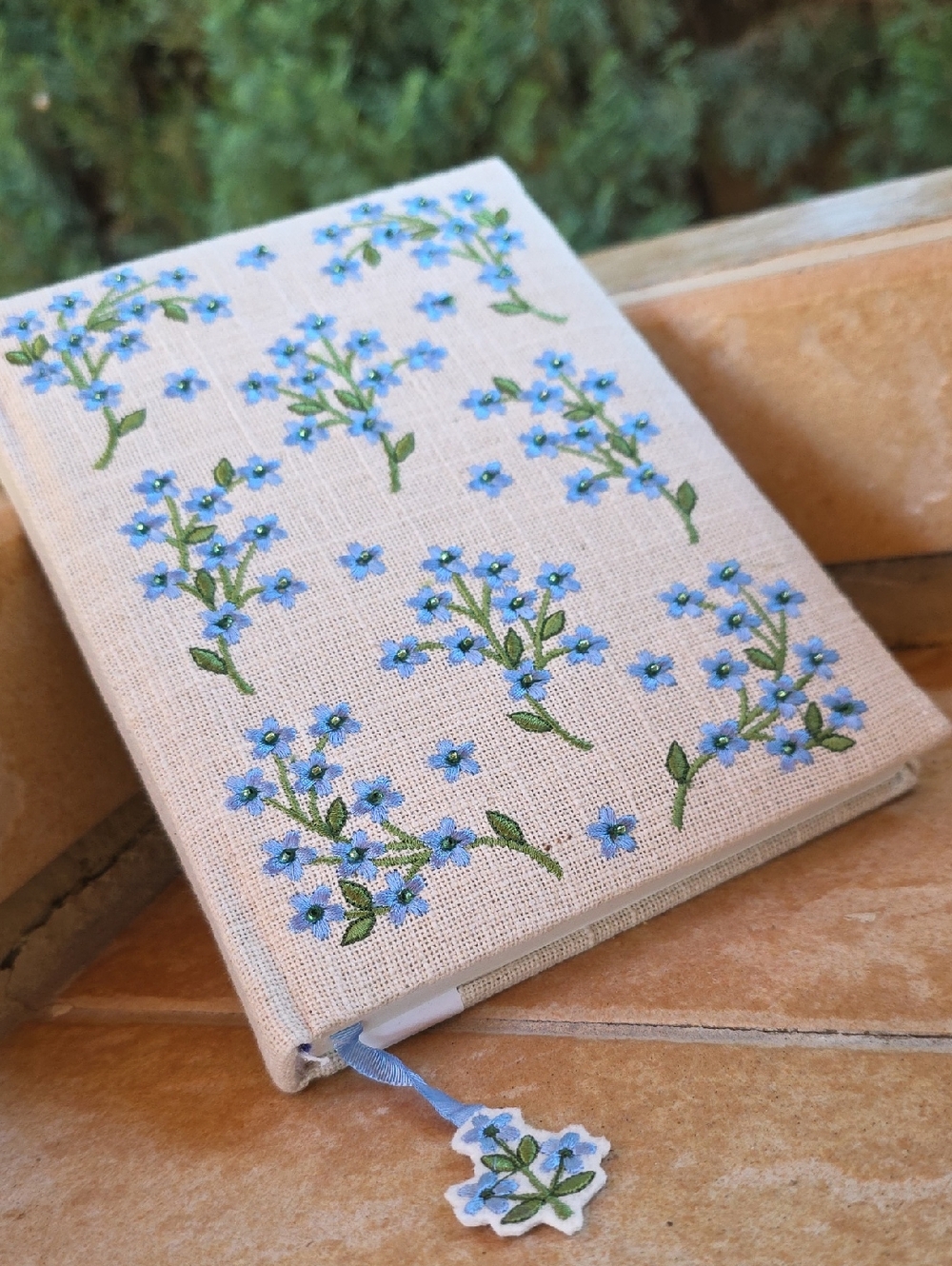 Embroidered Beaded Blue Floral Linen Journal Cover